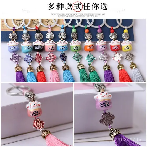 Chaveiro de Cerâmica Gato da Sorte Estilo Novo Jingdezhen, Pingente de Bolsa com Borla Tecida Artesanalmente, Acessórios
