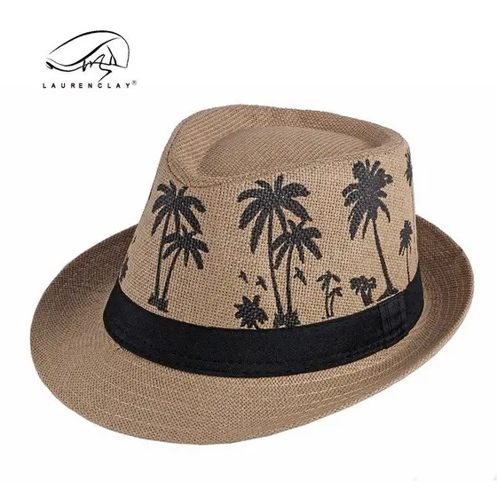 Chapéu de praia de verão com proteção solar para mulheres, com estampa de coqueiro, chapéu fedora de palha respirável pa