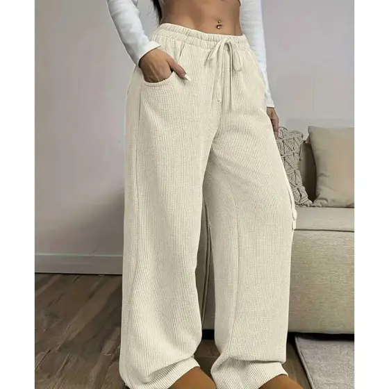 Calça Pantalona Feminina Cintura Alta e Elastico Texturizado Moda Casual para 2026