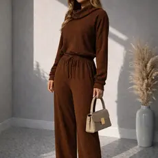 Conjunto Feminino Calça Pantalona Blusa Malha Importada Texturizada Gola Alta Moda Inverno