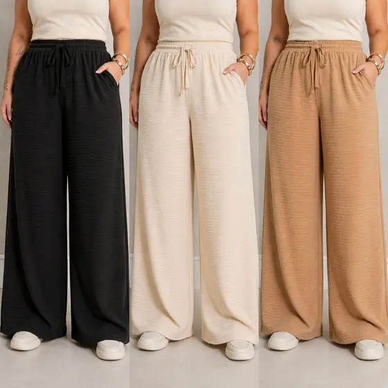 Calça Pluz size Pantalona Feminina Tecido texturado Calça Feminino Cintura Alta Pantalona Elegante