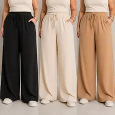 Calça Pluz size Pantalona Feminina Tecido texturado Calça Feminino Cintura Alta Pantalona Elegante