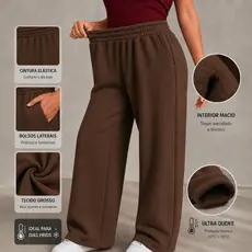 Calça Pantalona Moletom Feminina Wide Leg Cintura Alta com Elástico e Cordão Bolsos Laterais