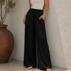 Calça Feminina Wide Leg Pantalona Importado com Elástico Cintura Alta Bolsos Moda Casual Premium
