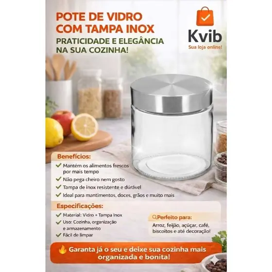 Pote de vidro Hermético Vidro Redondo Liso 800 ml Tampa inox