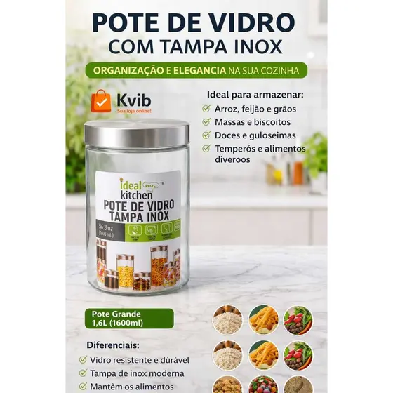 Pote De Vidro Redondo Com Tampa De Rosca Inox 1,6L Resistente