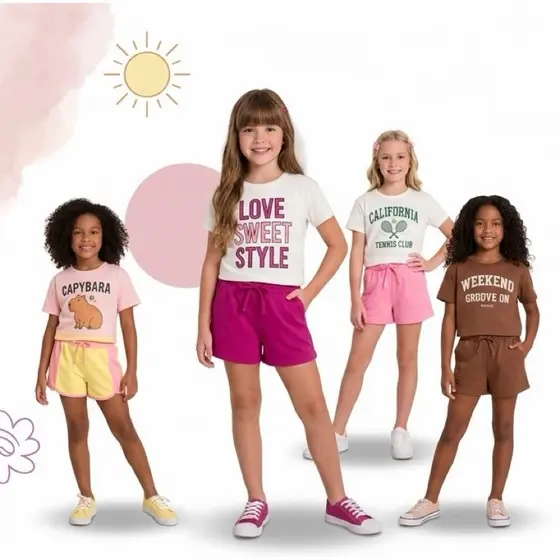 CONJUNTO MENINA VERÃO CURTA BLUSA + SHORTS JUVENIL INFANTIL