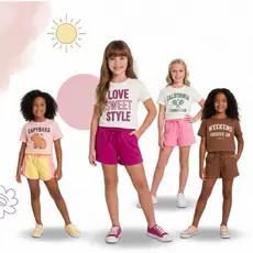 CONJUNTO MENINA VERÃO CURTA BLUSA + SHORTS JUVENIL INFANTIL