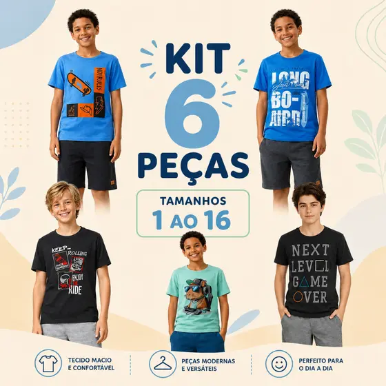 KIT 6 PEÇAS MENINO VERÃO 3 CAMISETAS E 3 BERMUDAS MODA JUVENIL