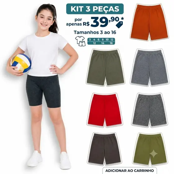 BERMUDA CICLISTA SHORTS MENINA JUVENIL INFANTIL ESCOLAR ESPORTE