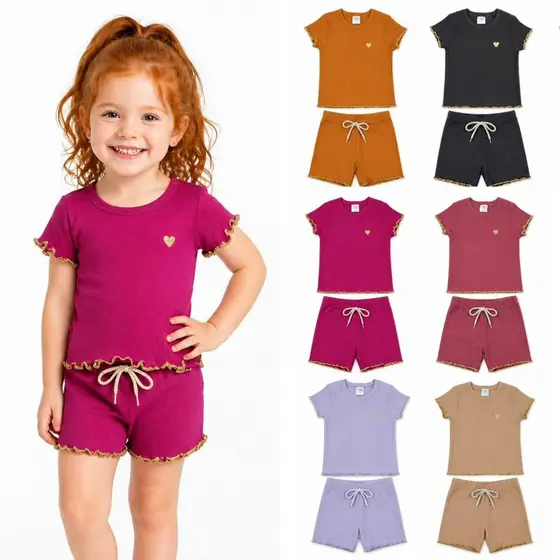 CONJUNTO MENINA SHORTS E BLUSA CANELADO VERÃO INFANTIL