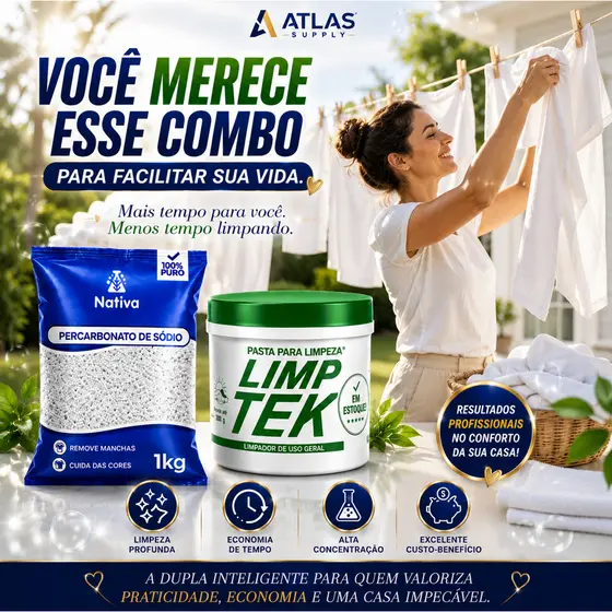 Kit Limpeza Profissional Percarbonato 100% Puro + Pasta Limp Tek 500g | Air Fryer, Fogão, Tênis, Roupas, Inox, Banheiro