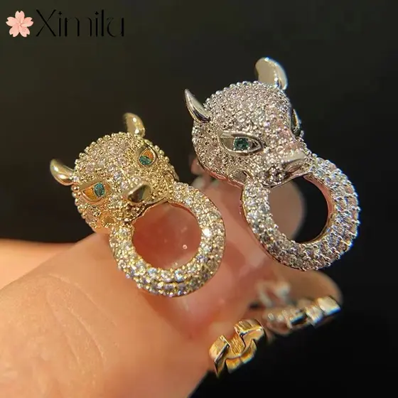 ♥ Anel de cabeça de leopardo de duas cores Original de venda quente anel de ouro branco masculino feminino corrente Micr