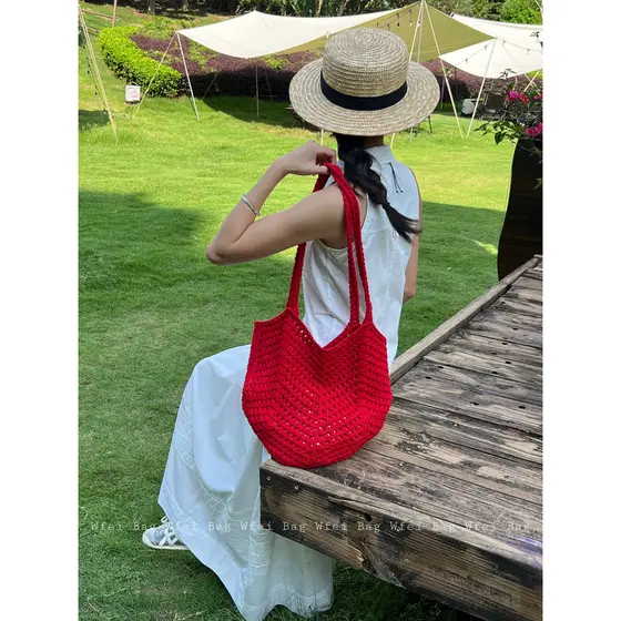 Wfei bolsa de grade vermelha feminina, bolsa de praia para férias à beira-mar, bolsa de malha à mão, de ombro oca,
