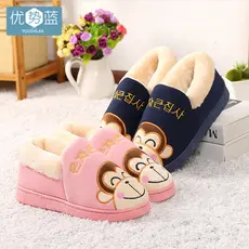 W inverno crianças chinelos de algodão feminino saco salto casal casa peludo pelúcia de sola grossa dos desenhos animado