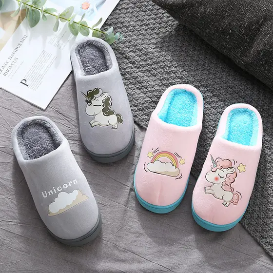 Chinelos de algodão peludo bonito dos desenhos animados feminino casa masculina de sola grossa inverno interior antiderr