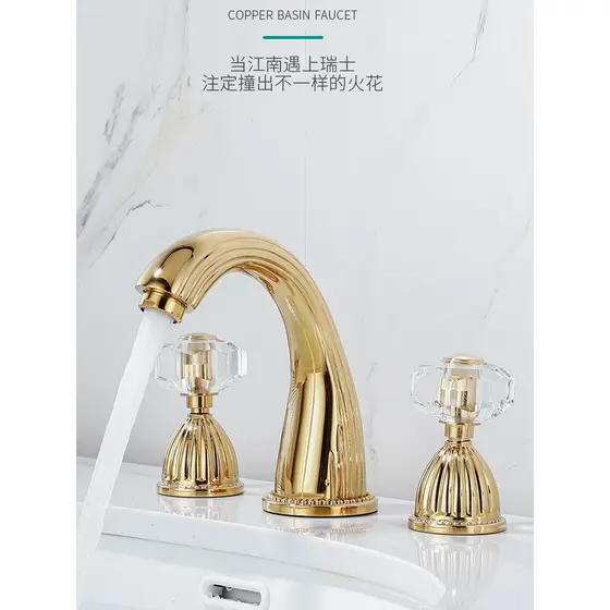 Estilo Medieval Retro toda torneira de cobre três furos quente e frio lavatório banheiro antigo