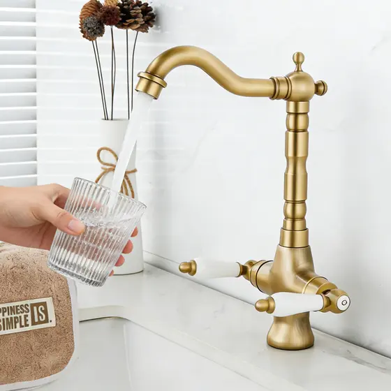 Francês Retro toda torneira de cobre bacia quente e fria lavatório do banheiro rotativo estilo Medieval antigo