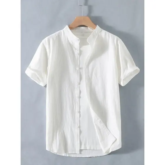 Camisa de manga curta de linho branco masculina verão fino simples solto camisa Casual cor sólida All-Match algodão linh