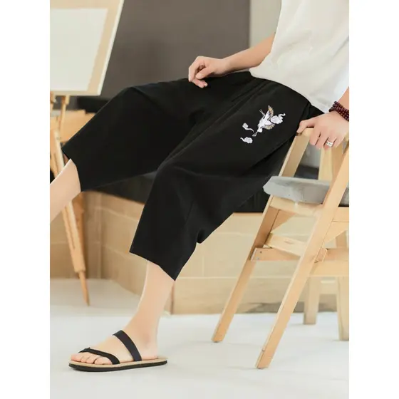 Guindaste bordado calças de linho masculino na moda All-Match algodão linho calças cortadas estilo chinês Street Wear ve