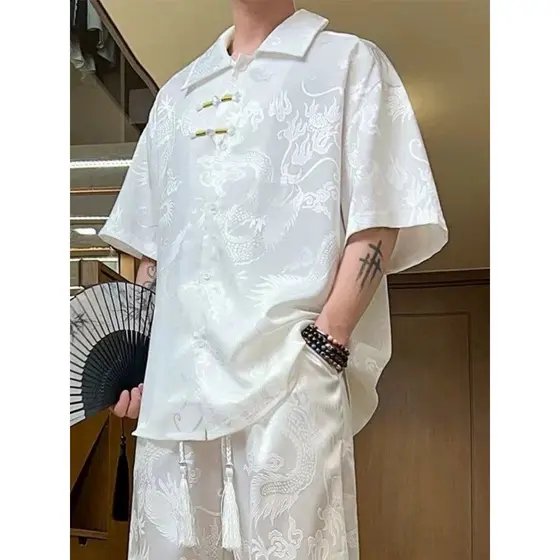 Novo estilo chinês dragão padrão Jacquard camisa de seda gelo masculina verão estilo fino legal camisa de manga curta es