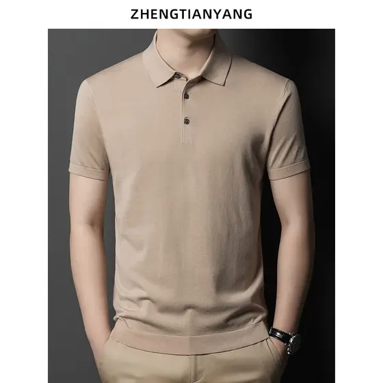 Mulberry Silk Lyocell Camiseta de manga curta masculina de malha fina camisa Polo verão lapela negócios Casual meia mang
