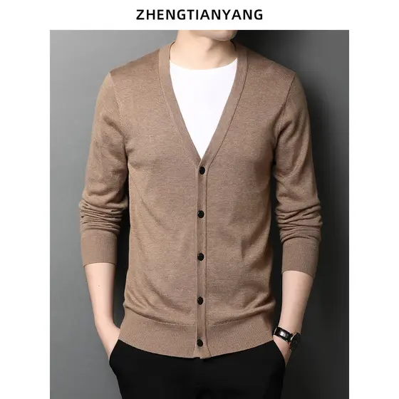 Cardigan de malha de cor sólida com decote em V camisola de manga comprida masculina versão coreana camisola na moda pri