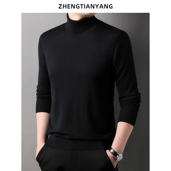 Contendo lã amoreira seda camisola masculina outono inverno lapela gola alta básico Casual camisola masculina sólida