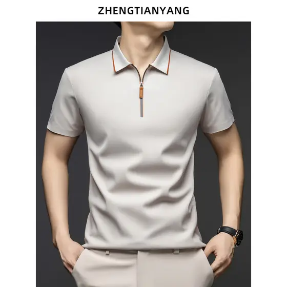 Gelo seda Waffle sem costura fina manga curta camiseta masculina meia manga verão contraste cor zíper lapela camisa polo