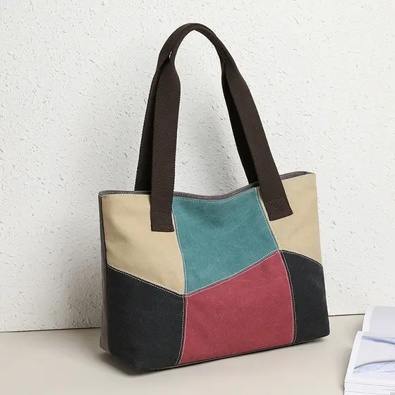 Bolsa de lona outono inverno novo estilo costura contraste cor sacola feminina grande capacidade portátil bolsa de ombro