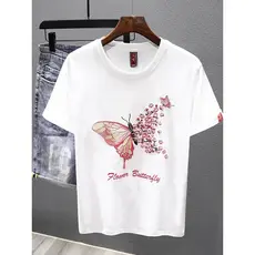 Camiseta de manga curta bordada de algodão puro pesado masculino verão masculino feminino Street Wear Casual All-Match e