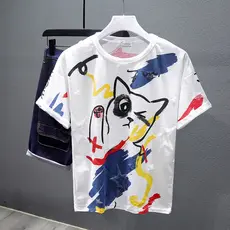 Verão Street Wear estilo Hong Kong gato dos desenhos animados camiseta de manga curta masculino japonês Retro único Graf