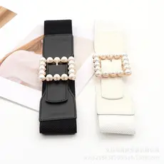 Cintura elástica preta, cinto branco pérola versátil para mulheres, acessório decorativo para saias, vestidos e roupas,