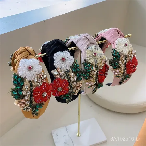 Tiara de tecido de moda europeia e americana com strass, presilha de cabelo de tecido floral elegante e personalizada, t
