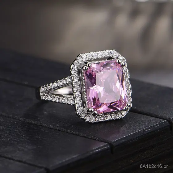 Novo anel ajustável de luxo de alta qualidade, com zircônia retangular rosa e turmalina rosa simulada, para mulheres.