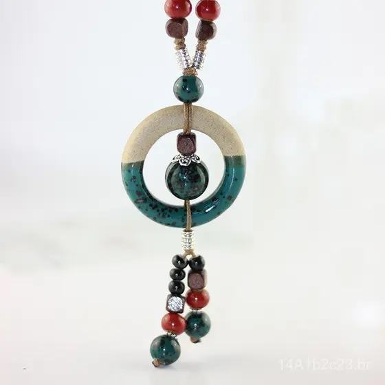 Colar de estilo étnico para mulheres, pingente longo vintage versátil, acessório decorativo de cerâmica, Jingdezhen XL01