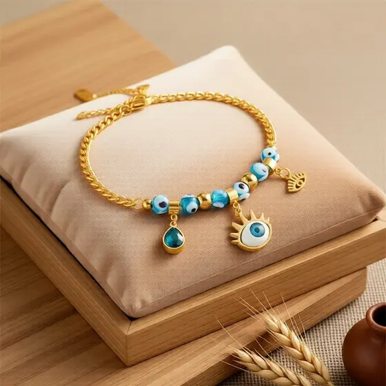 Pulseira boho olho maligno para mulheres - aço inoxidável, resistente à cor, corrente de contas vibrante