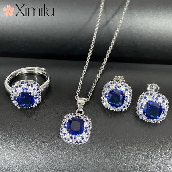 ♥ Moda luxo azul tanzanita conjunto de jóias anel de ouro branco meninas brincos temperamento safira pingente colar de p