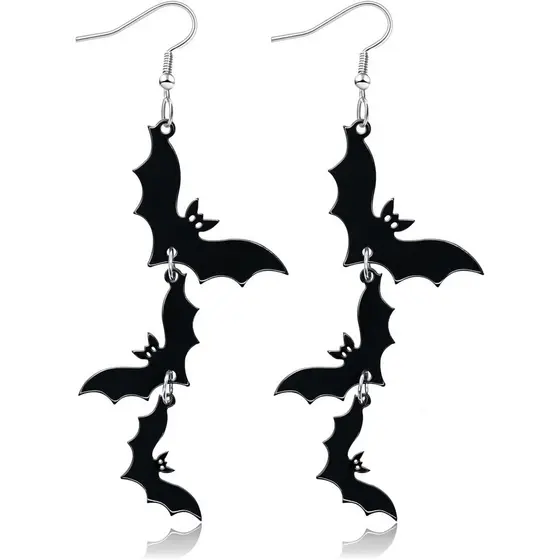 Brincos de Halloween em Acrílico, Brincos Pendentes de Crânio e Morcego Pretos para Mulheres, Joias Divertidas, Fofas e