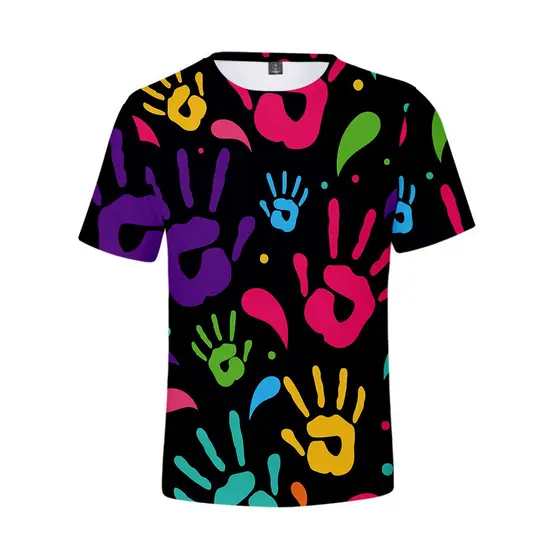 Camiseta feminina de manga curta e gola redonda com estampa 3D de mãos e pés, estilo casual coreano de verão.
