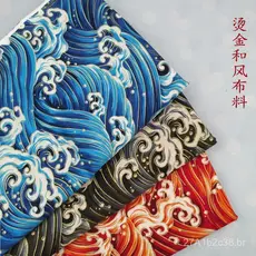 Tecido de puro algodão com estampas douradas em estilo japonês e padrões de ondas, tecido para Hanfu, quimono, cheongsam
