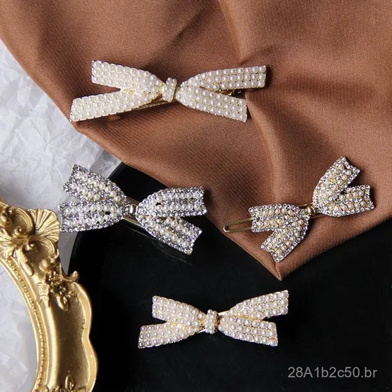 Presilha de Cabelo com Pérolas e Strass, Presilha de Bico de Pato com Laço e Strass Estilo Coreano, Presilha para Franja