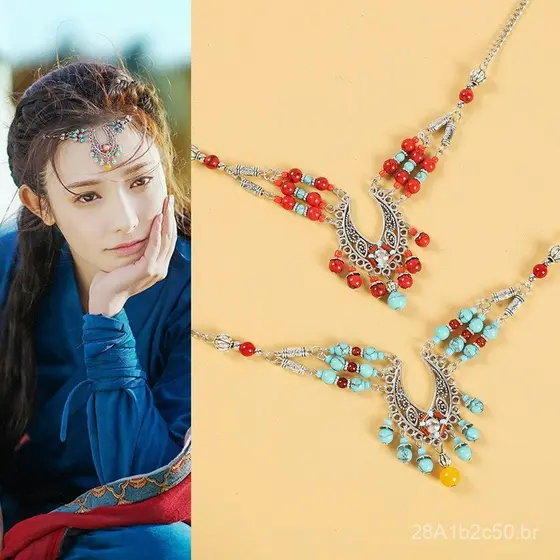 Acessório de cabeça no mesmo estilo de Donggong Xiaofeng, adorno de testa em estilo étnico, acessório de cabelo Hanfu vi