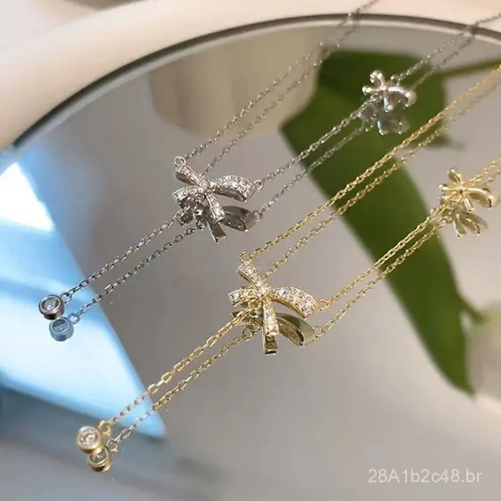 Colar com pingente de laço em zircônia microincrustada para mulheres, estilo coreano, nova corrente de clavícula doce e