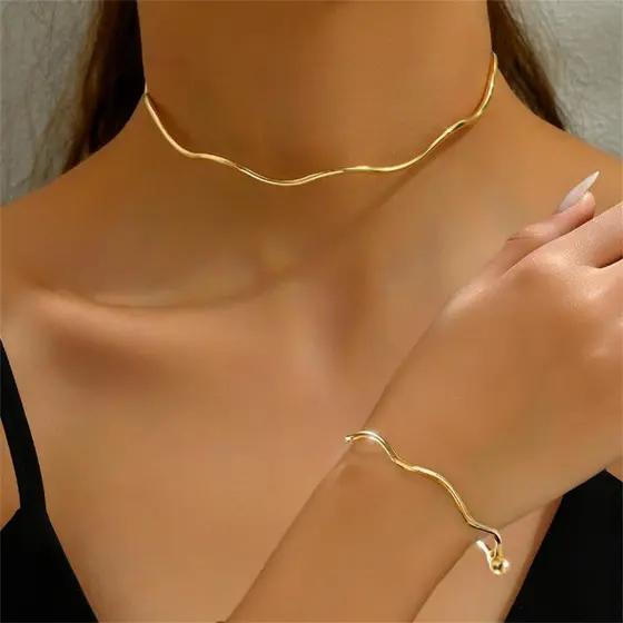 Ajustável Ouro Prata Colar Pulseira Conjunto Moda Onda Borda Gargantilha Versátil Presente
