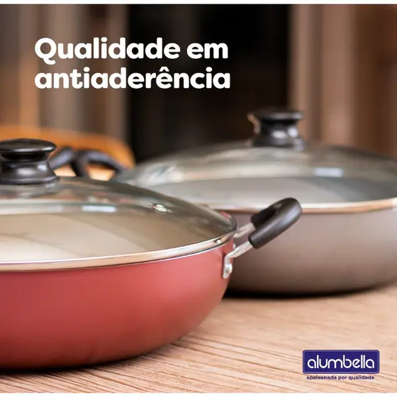 Panela Wok 28cm 4.5L Alumbella Antiaderente Premium Tampa Vidro Alumínio Não Gruda