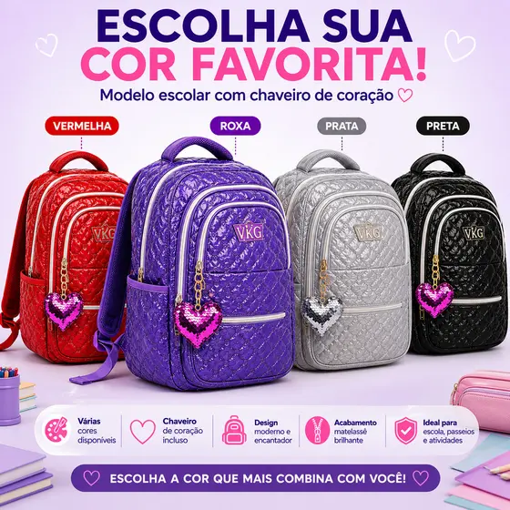 Mochila Escolar Infantil Feminina Espaçosa Confortável Menina Volta Aulas Chaveiro Coração