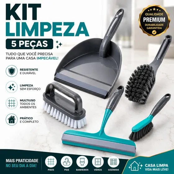 Kit Limpeza Doméstica Completo 5 Peças Escovas Pá Rodo Multiuso Resistente Colorido