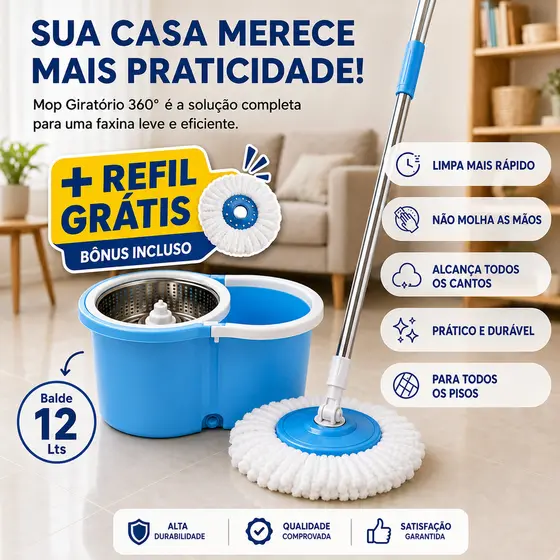 Mop Giratório 360 Balde 12L Cesto Inox Refil Microfibra Extra Grátis Limpeza Rápida