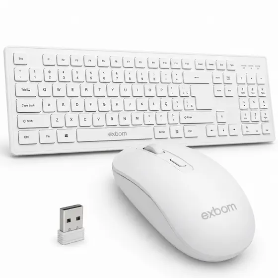 Kit Teclado Sem Fio Branco ABNT2 Mouse Ergonômico USB PC Notebook Home Office PLUG AND PLAY Kit Completo Exbom